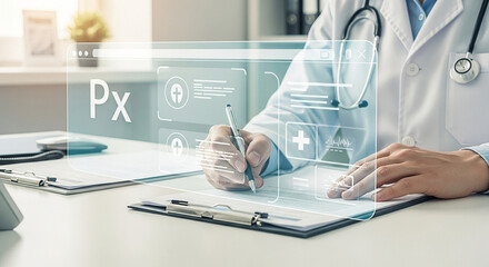Doctor writing prescription with digital interface overlay in a modern medical office setting