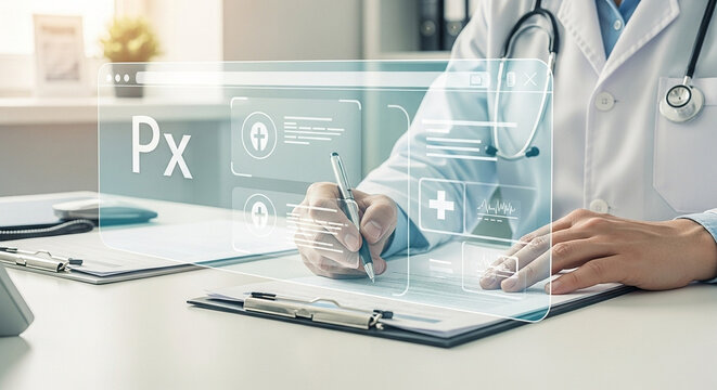 Doctor writing prescription with digital interface overlay in a modern medical office setting