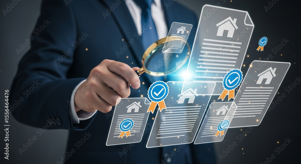 Poster man in suit examining house documents with magnifying glass for real estate verification process