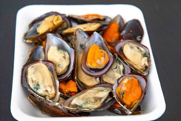 fresh Atlantic Ocean mussel in the shell, healthy food and rich in minerals and omega 3