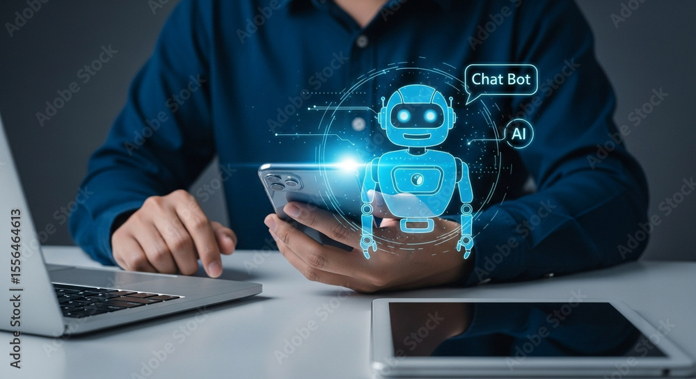 Poster Person using a smartphone with a chatbot ai assistant displayed on the screen and a laptop nearby