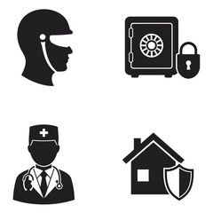 Collection of black and white icons representing security protection healthcare and home safety related concepts