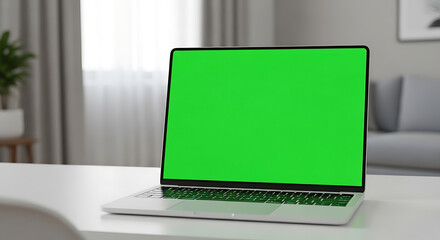 Green Screen Laptop Mockup Modern Workspace for Presentations and Video Editing