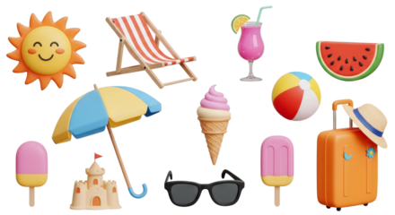 3D Colorful Summer vacation icon set