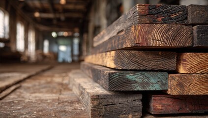 Stacked, weathered wood planks with blurred background of old building in soft light