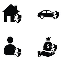 Insurance protection icon set depicting property vehicle life and financial security