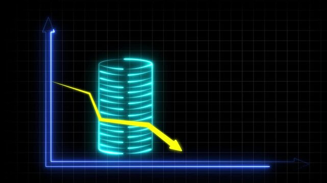 Neon glowing financial loss icon, animated downtrend symbol, business decline with coins, downward curve animation, financial loss graph, business downturn chart.