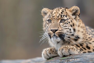Obraz premium Close-up of a young male leopard resting, showcasing its stunning coat and captivating gaze.