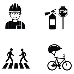Safety icon set featuring construction worker fire extinguisher stop sign pedestrian crossing and bicycle helmet