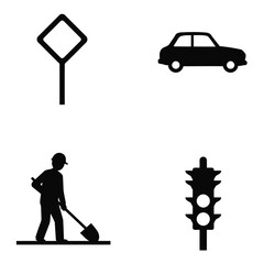 Set of minimalist road signs and symbols representing traffic safety construction activities and transportation elements