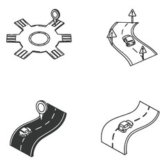 Set of isolated road and navigation icons in modern black and white illustrative style depicting traffic and location concepts