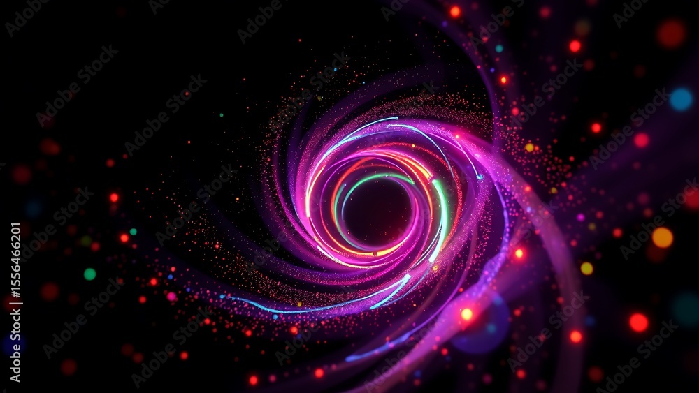 Poster vibrant abstract light spiral energetic neon tunnel with bokeh effect for technology data visualizat