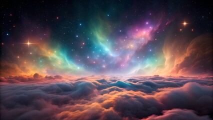Nebula, galaxies, cosmic landscape, vibrant colors, abstract space, aurora borealis, glowing clouds, stars, swirling energy, surreal environment , background image
