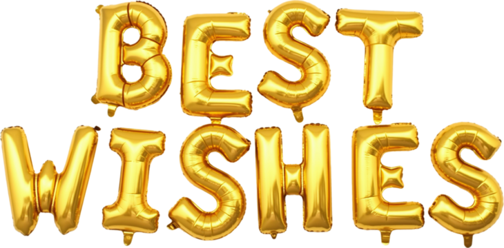 Gold balloons spelling BEST WISHES on white backdrop.