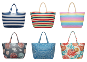 Various striped and patterned beach bags