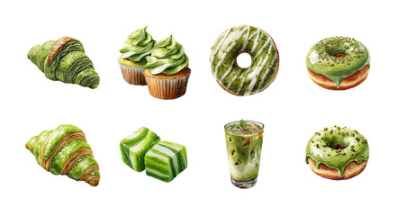 An assortment of delicious green desserts featuring croissants, cupcakes, donuts, and drinks, all highlighting vibrant matcha flavors