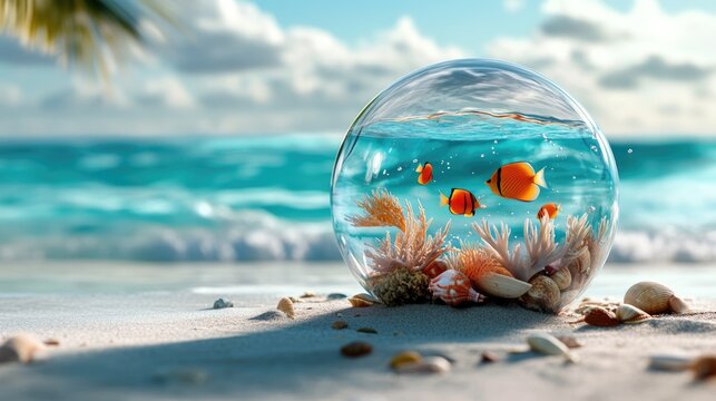 On a sunlit beach, a large transparent ball reflects the shimmering waves. Inside, turquoise water splashes against tiny shells and coral, while vibrant fish dart through the underwater world. - Powered by Adobe