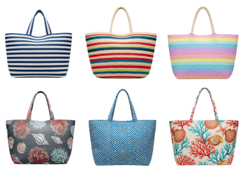 Various striped and patterned beach bags