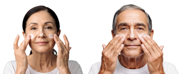 Senior Latin American man and woman Applying sunscreen on their face