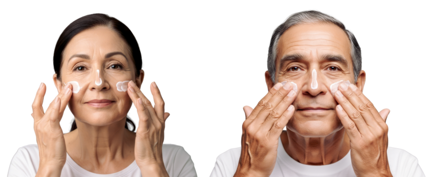 Senior Latin American man and woman Applying sunscreen on their face