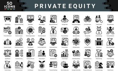 Private Equity icon collection. Simple black vector illustrations.
