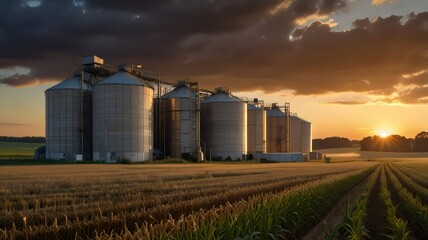 Grain Silos at Sunset: Agricultural Storage Facility in a Golden Field

