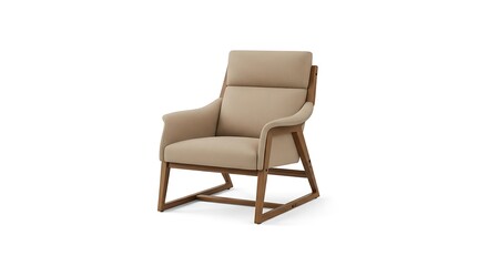 Isolated Modern Beige Armchair with Wooden Frame on White