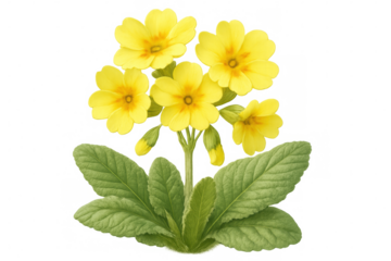 Yellow primula vulgaris blossoming, soft petals spreading near verdant foliage against clear backdrop