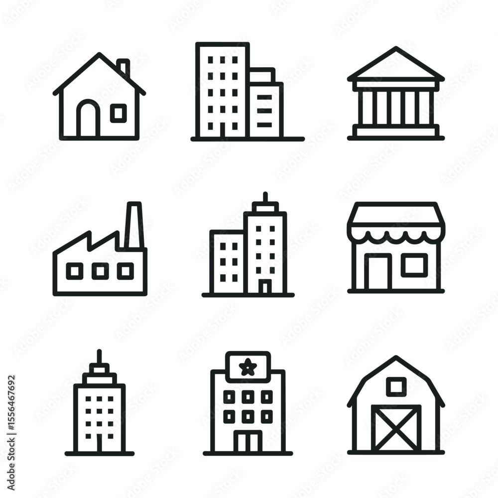 Poster building icons set collection. outline symbols. line design