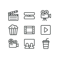 Cinema and movie vector icon set. Outline symbols. Line design