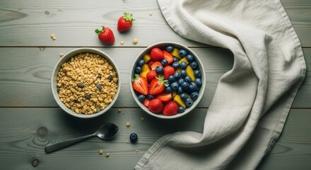 Healthy Breakfast Bowls on Rustic Wooden Table