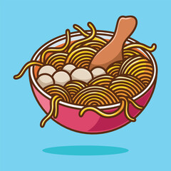 Cute cartoon vector meatball noodles. Cartoon illustration of popular Indonesian food. Flat Cartoon Style