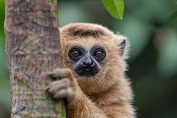 Obraz premium A close-up of a brown monkey peering curiously from behind a tree trunk in a lush green environment.