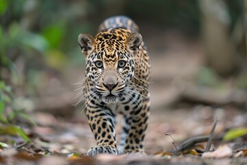 Obraz premium A majestic jaguar prowling through a lush jungle, showcasing its striking spotted fur and intense gaze.