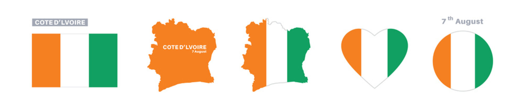 cote dlvoire flag and map set. cote dlvoire flag in official colors and proportions. independence day 7 august, map, circle and heart shaped cote dlvoire