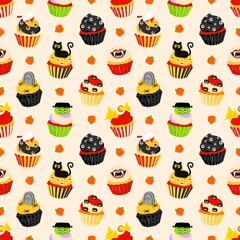 Halloween Cup Cake Seamless Pattern