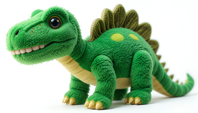 A charming green plush stegosaurus toy stands happily against a simple white background, perfect for childhood joy and creative projects.
