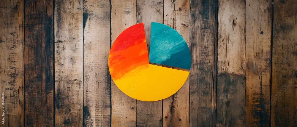 Poster a colorful pie chart on a rustic wooden background, representing data visualization and analysis in 