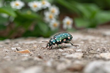 Close-up of a colorful beetle with green and pink spots on a blurred natural background.
