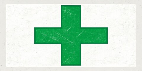 Obraz premium Green Cross Minimalist Design Grunge Texture, White Background, Simple Composition Medical Symbol, Pharmacy