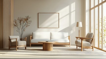 Bright modern living room with wooden frame furniture, floor-to-ceiling windows, and soft shadows, ideal for interior design features, home decor catalogs, or architectural visuals