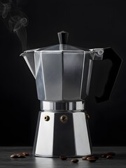 A classic coffee pot in an intimate light portrait, with scattered coffee beans on a dark background