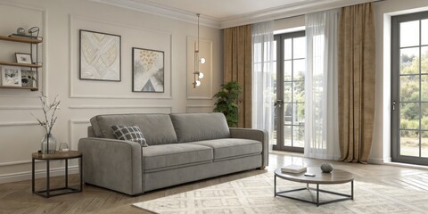 Grey Sofa in Modern Living Room Interior Design Composition, 3D Render, Cozy Home Decor, Living Room Furniture Modern Interior, 3D Rendering