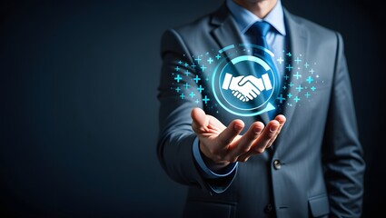 Trusted partner. Trustworthy collaboration, company or contract. Confidence to work together. Businessman turning knob to highest trust levels. Build trust in business and finance relationships. 