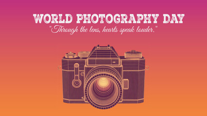 Obraz premium Minimal DSLR Camera Vector on Orange Gradient Background – Clean, Modern Flat Design for World Photography Day and Creative Use