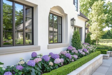 A lovely garden filled with vibrant, blooming hydrangeas is situated right next to a contemporary residential building, all under the warm sun on a beautiful summer day