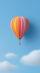 Fototapeta premium Colorful hot air balloon floating against a clear blue sky with soft clouds, creating a vibrant and cheerful atmosphere for travel and adventure enthusiasts