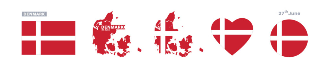 denmark flag and map set. denmark flag in official colors and proportions. independence day 27 june, map, circle and heart shaped denmark 