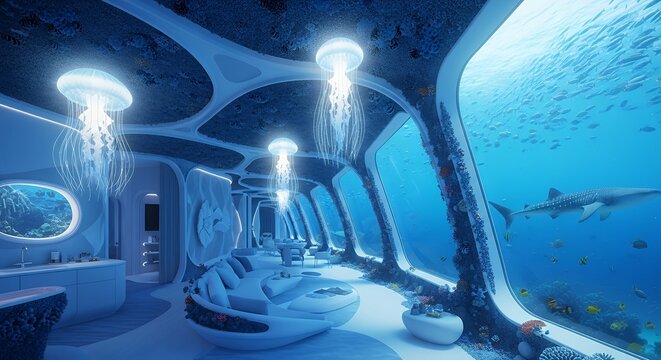 Underwater Luxury Resort: Oceanic Living Space with Panoramic Views.