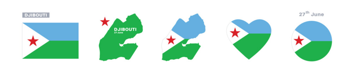 Obraz premium djibouti flag and map set. djibouti flag in official colors and proportions. independence day 27 june, map, circle and heart shaped djibouti 